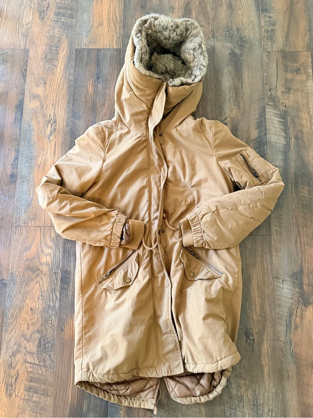 Tan Parka Coat Faux Fur-Lined Hood Winter interior quilted cozy bulky mid-length